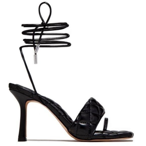 Lace Up Quilted Square Toe Heels in Black - Picture 2 of 13